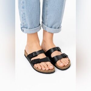 Birkenstock Ibiza Black Leather Sandals 38/7.5 Cork Footbed Double Strap Comfort